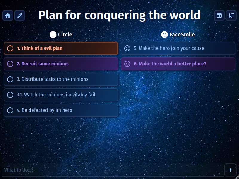 Screenshot of the application, detailing a nonsensical "Plan for conquering the world"