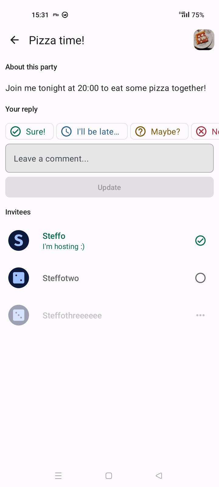 The response menu of the app, from the invited user's point of view.